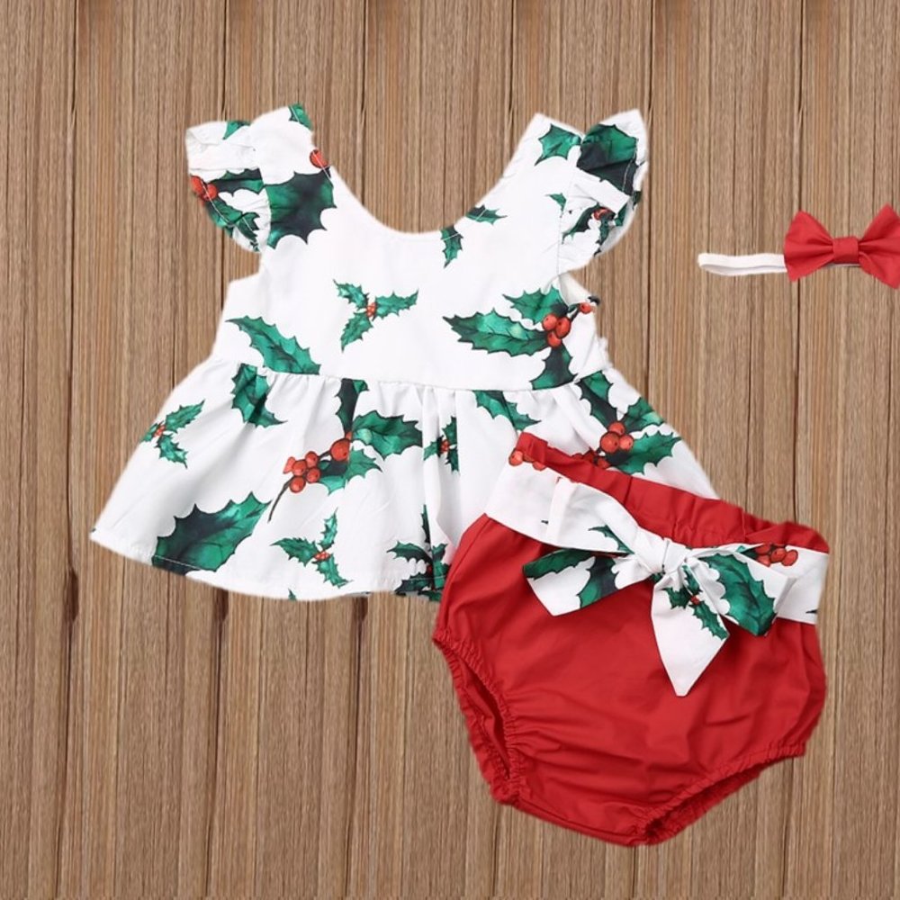 Baby Girl Christmas Outfit Clothes Dress Holly Berry Top Diaper Cover